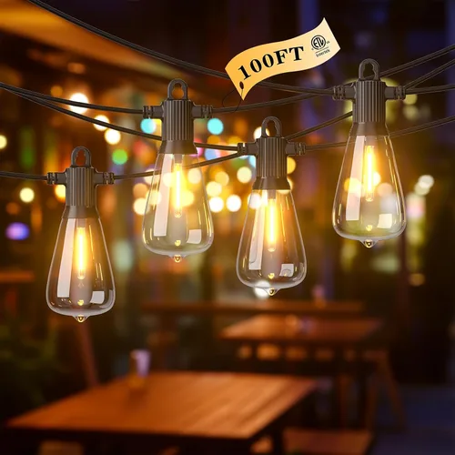 Vista 10 de Guirnalda de luces LED para exteriores, 25 pies, impermeables, para patio, con 12+1 bombillas Edison ST38 inastillables, luz colgante blanca cálida