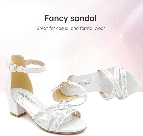 Vista 3 de Sandalias de tacón para niñas, con correa de tobillo y puntera abierta, zapatos de vestir para niños pequeños y grandes en bodas, fiestas, zapatos