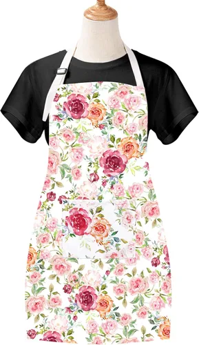 Vista 3 de Claswcalor Delantal de flores rosas con bolsillos, delantal floral para cocinar, delantal de cocina con rosas de acuarela para mujer, delantal