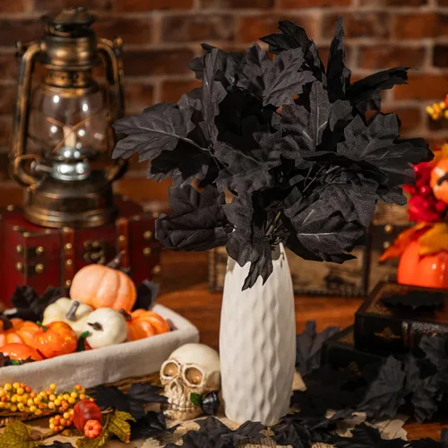 Vista 7 de Ramas de Halloween, paquete de 2 ramas de flores artificiales negras, tallo de flor de hoja de arce falsa, ramas de ramo de flores artificiales