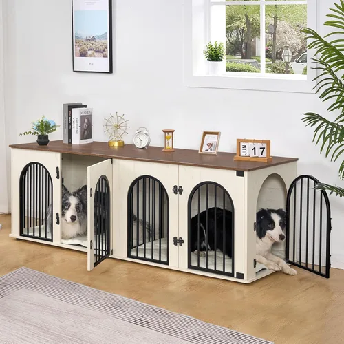 Vista 13 de Hzuaneri 63" Mueble de jaula para perros para 2 perros, jaula de perro interior resistente con soporte para TV, jaula de madera para perros L