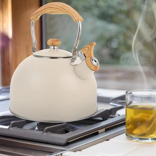 Vista 8 de Vilihkc Hervidor de té de 2.6 litros, tetera para estufa, acero inoxidable de grado alimenticio con mango plegable con patrón de madera, silbato