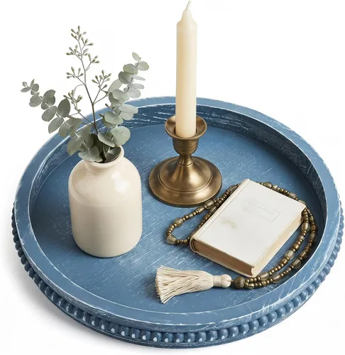 Vista 10 de Hrastany Bandeja de servir rústica de madera con cuentas, bandeja decorativa de granja marrón para centro de mesa, decoración navideña de boda