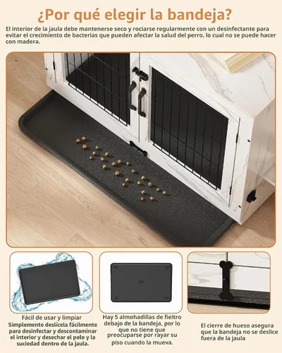 Vista 3 de Piskyet Mueble de Jaula para Perros de Madera con Cuencos para Perros Giratorios Extraíbles de 360°, Mesa Auxiliar de Jaula para Perros con Bandeja