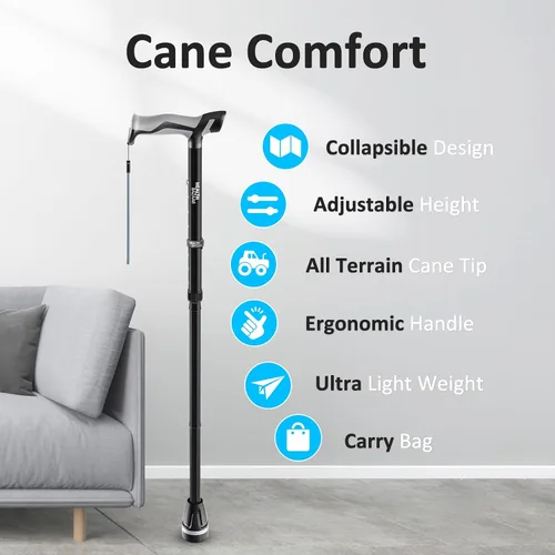 Vista 2 de Walking Cane for Men & Women, Foldable Cane with Shock Absorption - Adjustable, Lightweight Collapsible Walking Stick for Seniors & Adults, Comfort