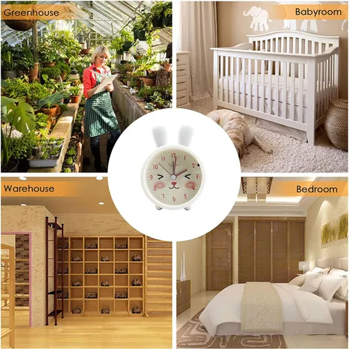 Vista 7 de Reloj despertador de silicona silencioso sin tictac para niños, con diseño de animal, para viajes, con luz nocturna (A- conejo blanco)