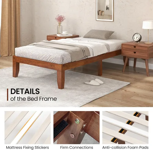 Vista 9 de KOMFOTT Armazón de cama de plataforma de madera de 14 pulgadas, tamaño Twin, base de colchón de madera con marco de madera de caucho, fuerte soporte