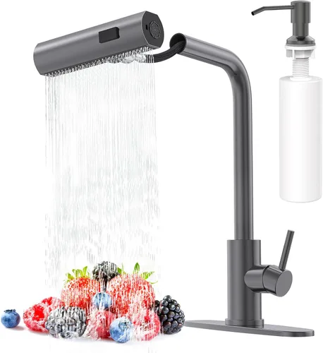 Vista 13 de AVSIILE Grifos de cocina en cascada de color negro mate con rociador desplegable y dispensador de jabón, un solo orificio y mango, grifo extraíble