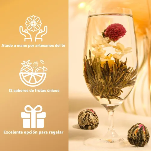 Vista 4 de FullChea - Té floreciente, 12 variedades únicas - Té floral en 12 deliciosos sabores frutales - Regalo para amantes del té, Navidad, aniversario