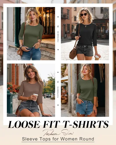 Vista 4 de Ficerd Paquete de 3 camisetas de manga 3/4 para mujer, cuello redondo, camisetas básicas elegantes, casuales, modernas, holgadas