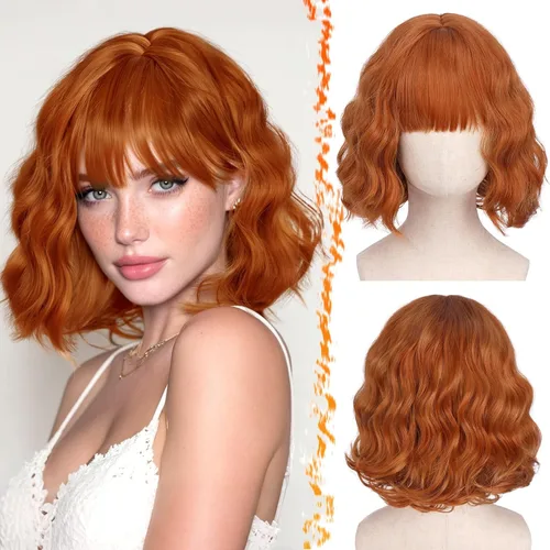 Vista 23 de BARSDAR Peluca corta ondulada con reflejos castaño, peluca corta ondulada con flequillo para mujer, gruesa, suave, sintética, texturizada, rizada