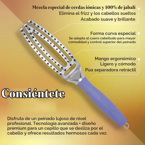 Vista 3 de Olivia Garden Fingerbrush Combo Curved and Vented Paddle Brush for Blow Drying - Ionic and 100% Boar Bristles - For All Hair Types