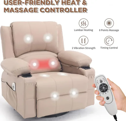 Vista 4 de Mecedora reclinable giratoria de piel sintética con portavasos para calor y masaje, silla mecedora con relleno, silla reclinable con calefacción