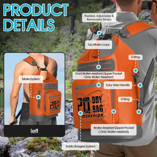 Vista 7 de MORXPLOR Bolsa seca impermeable, 5L/10L/20L/30L/40L/55L Mochila seca con funda impermeable para teléfono para natación, kayak