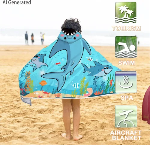 Vista 3 de Bonsai Tree Toalla de playa con capucha de tiburón para niños, toalla de baño con capucha de peces marinos frescos para niños, divertidos animales