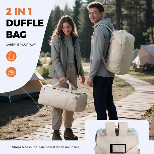 Vista 6 de Mochila de lona resistente al agua 40L con compartimento para zapatos y bolsillo húmedo Beige