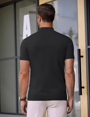 Vista 7 de COOFANDY Suéter de cuello alto falso para hombre, de manga corta, color sólido, básico, ajustado, de punto