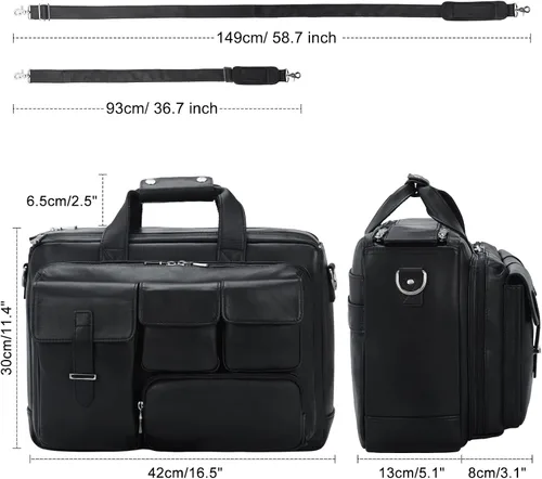 Vista 6 de TIDING Maletín de cuero de grano completo para hombres 17 pulgadas portátil caso negocios viaje oficina mensajero bolsa de hombro