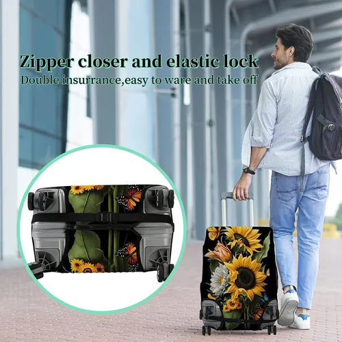 Vista 5 de Funda protectora de maleta más 1 etiqueta de equipaje adecuada para equipaje de 18 a 30 pulgadas, Orquídeas Girasol, M