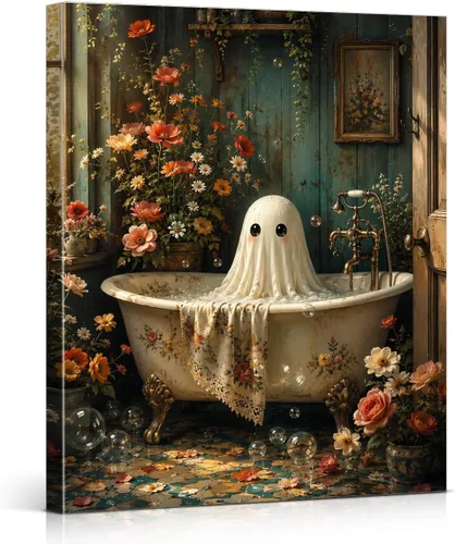 Vista 13 de QPVXSST Arte de Pared Interesante de Fantasma de Halloween para Baño, Póster Impreso en Lienzo de Estilo Gótico, Decoración de Baño con Diseño