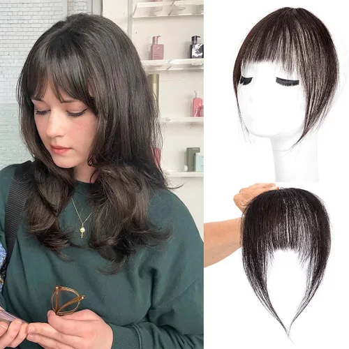 Vista 18 de Flequillo con clip, extensiones de cabello humano 100 % real, flequillo con clip para mujer, extensiones curvadas para uso diario