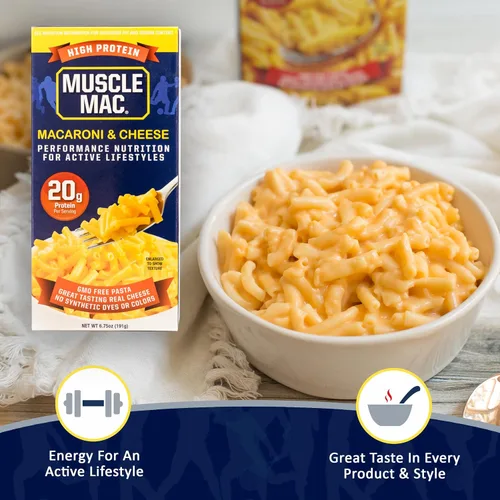 Vista 2 de Muscle Mac Cena de macarrones y queso con alto contenido de proteínas con queso real, 0.71 oz de proteína, 6.75 oz (paquete de 10)