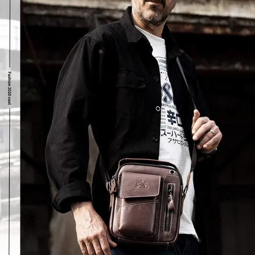 Vista 7 de BAIGIO Bolso bandolera de cuero pequeño para hombre, bolso bandolera para viajes, negocios, trabajo