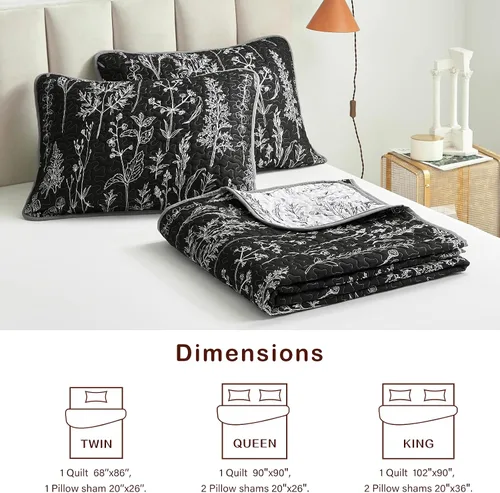 Vista 6 de Juego de edredón de 2 piezas individual, diseño botánico reversible negro y blanco, colcha de microfibra suave y suave, funda de cama para todas