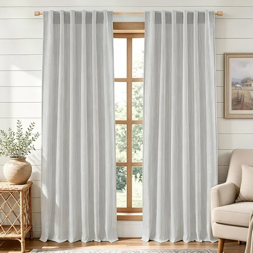 Vista 18 de DriftAway Cortinas de lino 100% opacas a rayas, de doble capa, 96 pulgadas de largo, para sala de estar, dormitorio, hilo teñido, con aislamiento
