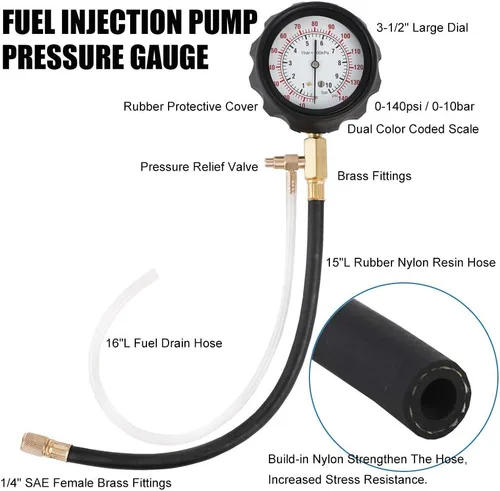 Vista 4 de Kit de medidor de presión de bomba de inyección de combustible JIFETOR TU-114 Car Gasoline Gas Fuel Oil Injector Test Manometer Tool Set 0-140PSI
