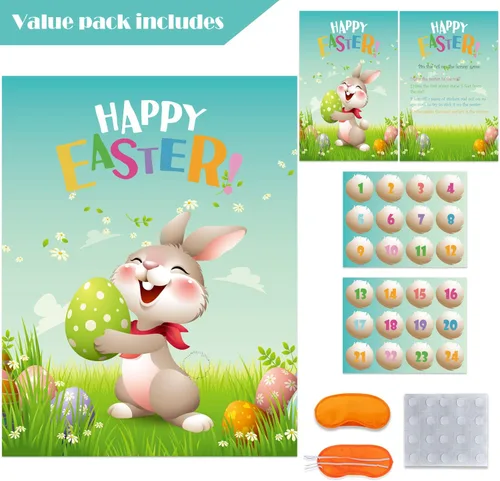 Vista 2 de Pin The Tail on The Bunny Fiesta de juegos de Pascua para niños, actividades de búsqueda de huevos de Pascua, juegos de Pascua con calcomanías