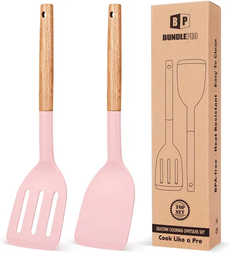 Vista 12 de Paquete de 2 espátulas de cocina de silicona, espátulas sólidas resistentes al calor, espátulas ranuradas antiadherentes con mango corto de madera