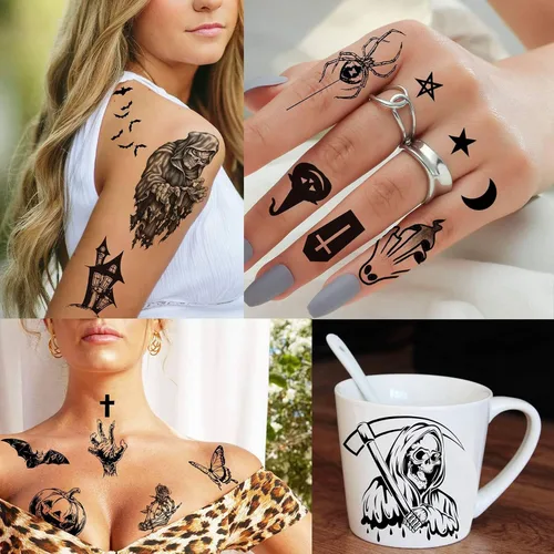 Vista 5 de 52 hojas de tatuajes temporales de Halloween para niños, niñas, mujeres, hombres, adultos, 3D de cara aterradora, calavera, tatuajes falsos