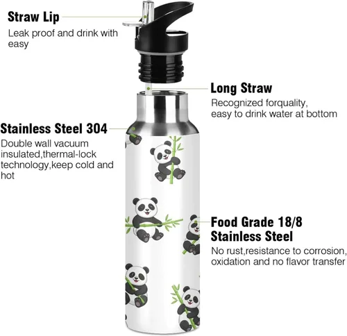 Vista 3 de Cute Cartoon Pandas - Botella de agua blanca aislada de 32 onzas, sin BPA, con popote a prueba de fugas