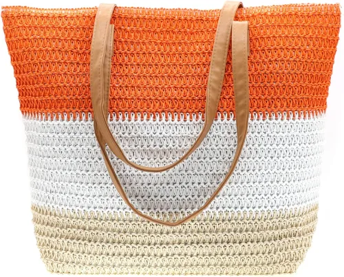 Vista 54 de Bolso grande de paja para mujer, tejido de ratán, bolso de playa de verano, a rayas