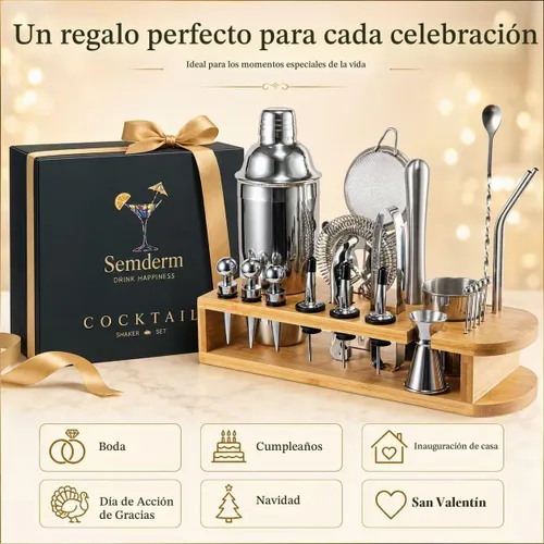 Vista 9 de Semderm Juego de Coctelera Mixología Kit de Barman con Soporte de Bambú Kit de Cóctel de 26 Piezas con Todas las Herramientas Esenciales de Bar