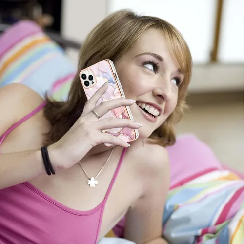 Vista 5 de YBDD - Funda delgada para iPhone 14 Pro Max, diseño de mármol brillante IMD para niñas, lente de cámara y cubierta protectora de pantalla