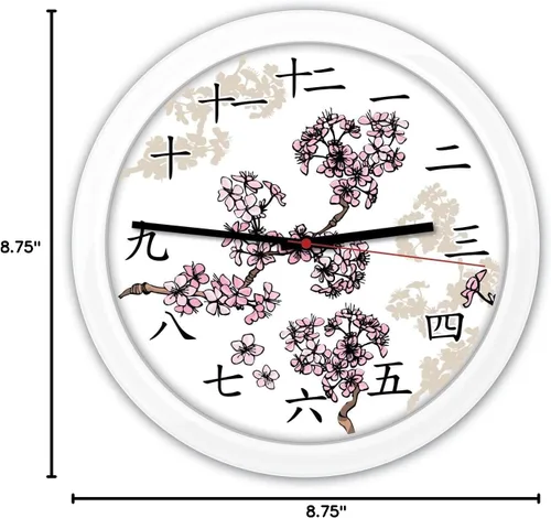 Vista 2 de Reloj de pared blanco con flor de cerezo japonés, regalo decorativo con números kanji chinos