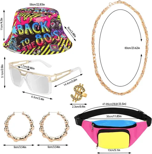 Vista 2 de Traje de los años 80 y 90 para mujer, camiseta de béisbol, pantalones cortos, riñonera, disfraz de fiesta retro, accesorios de representante