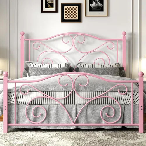 Vista 18 de VECELO Base de cama con dosel de metal, tamaño individual, base de colchón con plataforma de 4 pósteres con cabecero, soporte de listones de acero