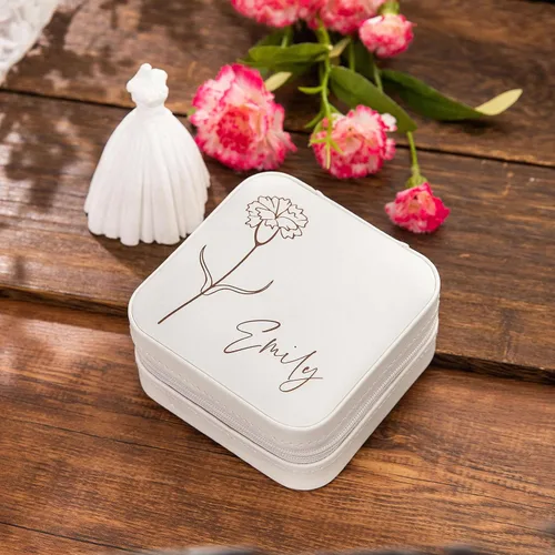 Vista 3 de iDWYN Joyero de cuero personalizado con nombre y flor de nacimiento, estuche organizador de viaje personalizado, regalos de cumpleaños para mamá