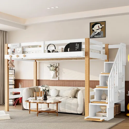 Vista 12 de Queen Loft Bed with Shelves and Clothes Hook, Space-Saving Wood Loft Bed Frame with Staircase and Ample Under-Bed Space, Beige & Natural