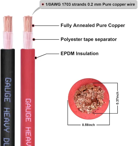 Vista 2 de Cable de batería calibre 1/0, 10 pies rojo + 10 pies negro, 1/0 AWG, alambre de cobre puro, cable de soldadura, para automotriz, batería, solar