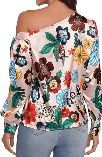 Vista 2 de Floerns Blusa lateral con nudo y cuello asimétrico y manga larga para mujer