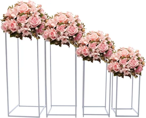 Vista 17 de 10 soportes de metal para centros de mesa de boda, jarrones de columna, soporte de flores de boda, soporte rectangular geométrico dorado