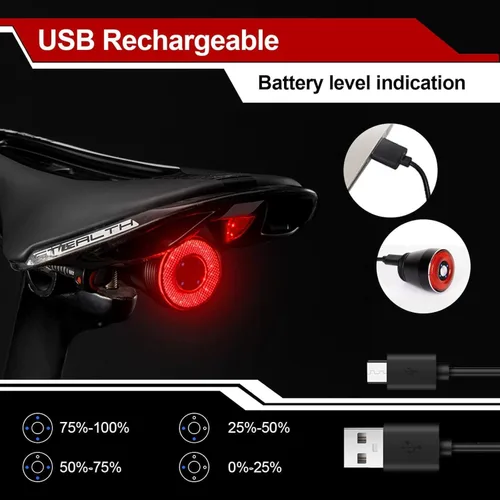 Vista 3 de Luz trasera inteligente para bicicleta, recargable por USB, luces direccionales de bicicleta con control remoto, luz trasera impermeable