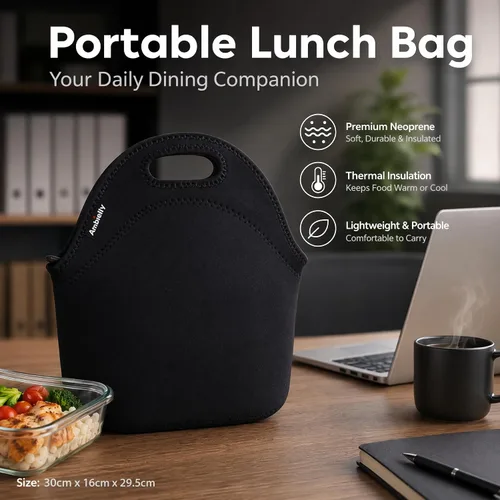 Vista 6 de Nevera de neopreno de Ambielly. Nevera con aislamiento para guardar la comida en un viaje, Negro Transportador de alimentos reutilizable