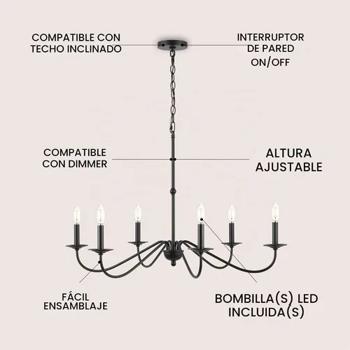 Vista 3 de JONATHAN Y Wicklow - Lámpara de araña de granja de 6 luces, 34.75 pulgadas Negro