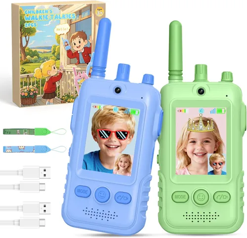 Vista 10 de Walkie Talkies de video recargables para niños: 1.5 veces más duración de Rosado/Azul