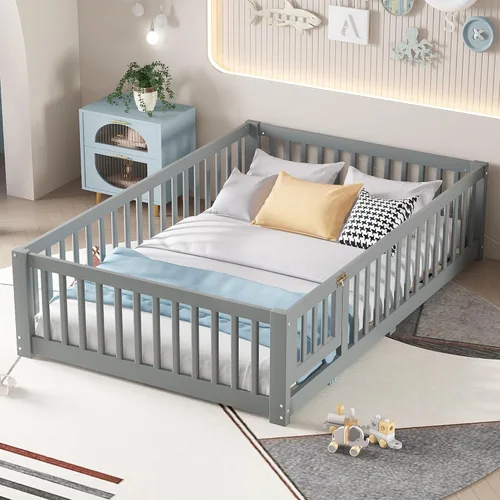 Vista 14 de Harper & Bright Designs - Cama de suelo para niños de tamaño individual con valla y puerta, marco de cama Montessori de madera maciza, cama
